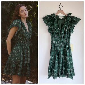 NEW Trovata Birds of Paradis Marcella Ruffle Mini Dress in Clover Patch Green XS
